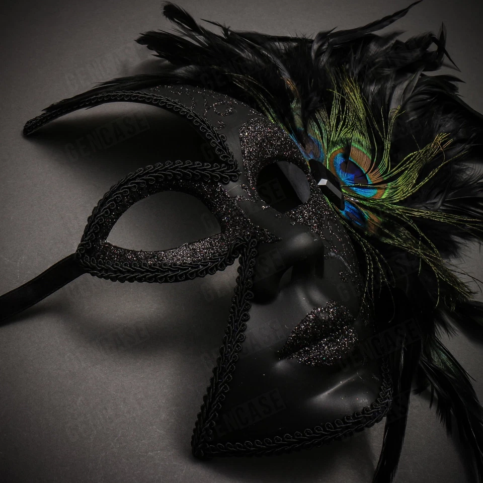 Черная венецианская маска с павлиньим пером женская маскарадная маска на половину лица вечеринка - Изображение 3 из 3