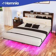 Queen Floating Bed Frame Built-In Charging Station Headboard Storage & LED Light