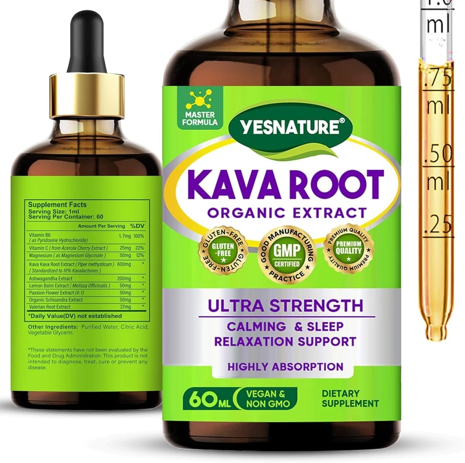 BRANDED Kava Root Extract Supplement, High Potency Liquid Drops for Relaxation 2Fl Oz