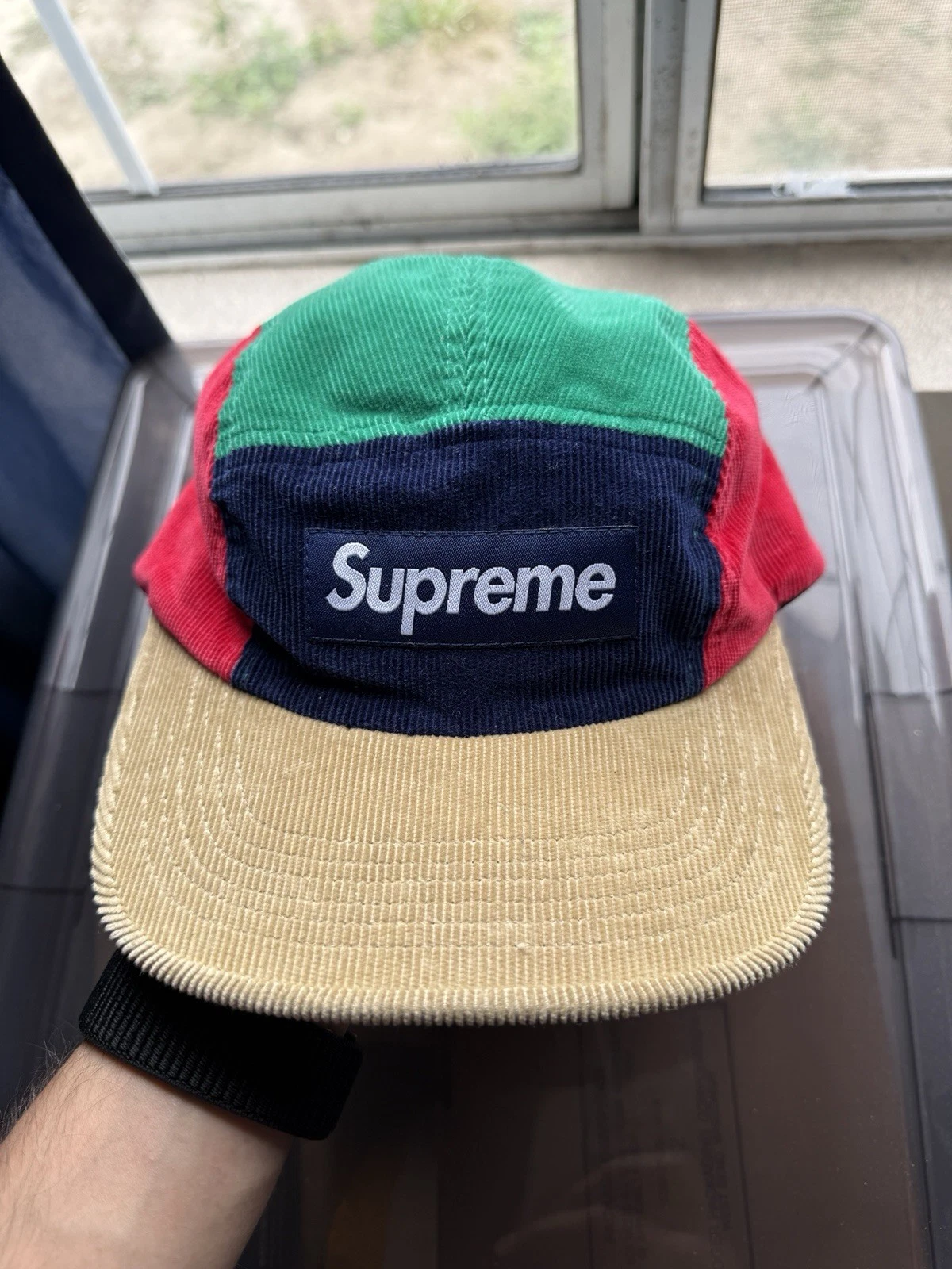 Casquette de camp velours côtelé logo Supreme Box patchwork multicolore FW23 PORTÉE UNE FOIS