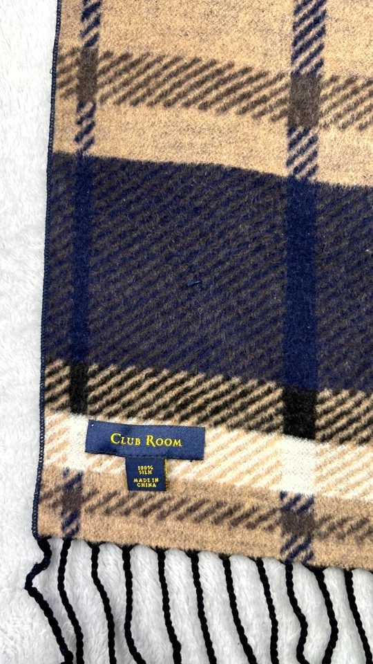 Bufanda de tartán a cuadros 100 % seda Club Room para hombre azul marino tostado flecos 60" x 12" Preppy Foto 2 de 4