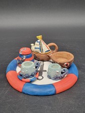 Vintage, Cute Nautical Themed 9-Piece Miniature Tea Set - Missing 1 Saucer