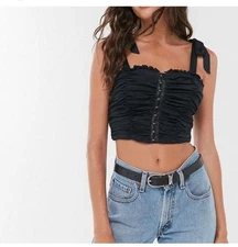 Urban Outfitters Black Corset Crop Top Tie Straps Ruched Hook Front Sz S Grunge