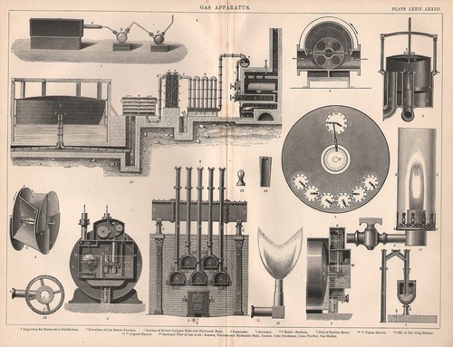 1874 Imprimé ~ Gas Apparatus Distilation Four Union Brûleur Coolers Argand - Afbeelding 1 van 2