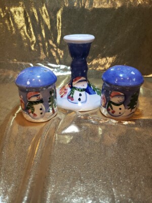 Christmas Snowman Salt & Pepper Shaker 3'' Tall And Candle Holder Nantucket Dist