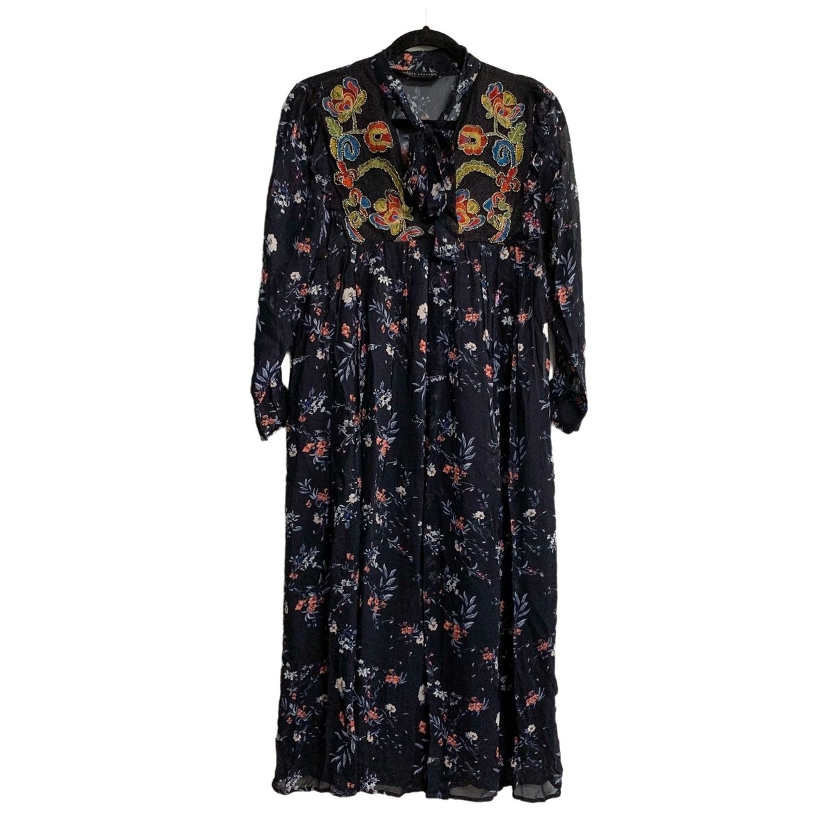 zara boho embroidered dress Woman Festival Beaded Tie Neck Floral Maxi Size XS SD-12.18.24 ZARA WOMAN COLLECTIONDress with Size:US 14 | UK 13.5 | EU 47 Blue By Enzoani |