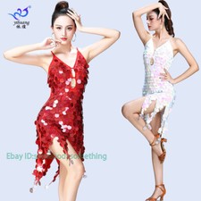 Womens Latin Rumba Sequin Suspender Performance Backless Cosplay Dance Dress HOT