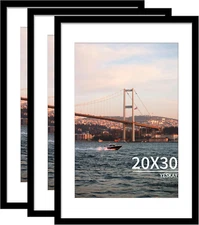 20X30 Picture Frame Black Set of 3, Display Pictures 16X24 with Mat or 20 X 30 w