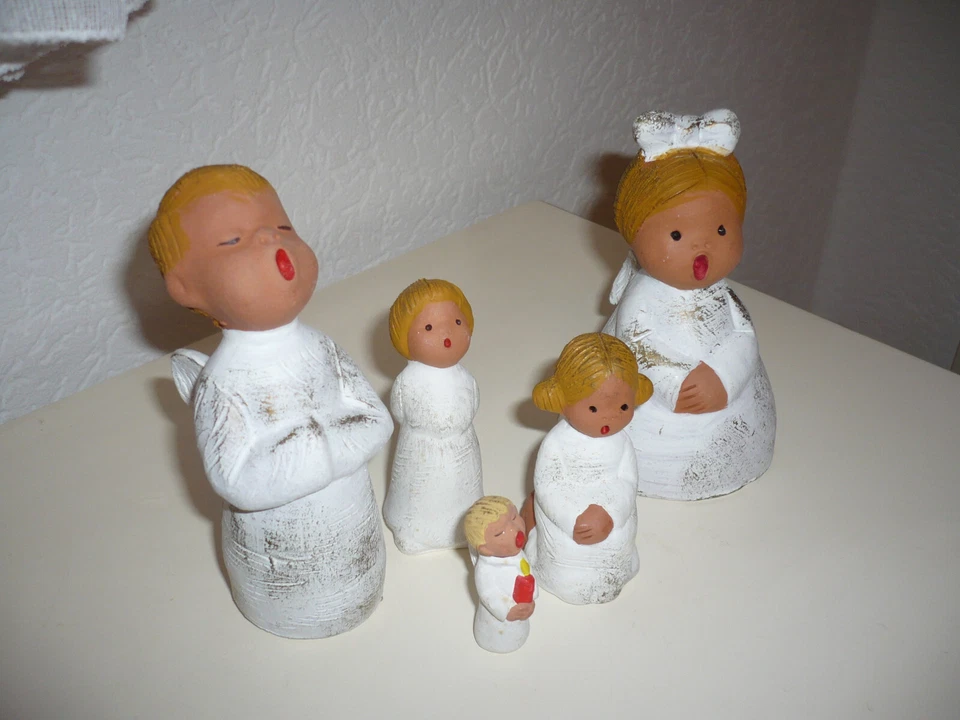 Weihnachten Advent Sammler Deko 5 Orig. Singer Engel weiß kleine Familie Keramik