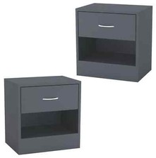 Image of Set of 2 Bedside Table Wooden Furniture Single Drawer Cabinet with Storage Grey