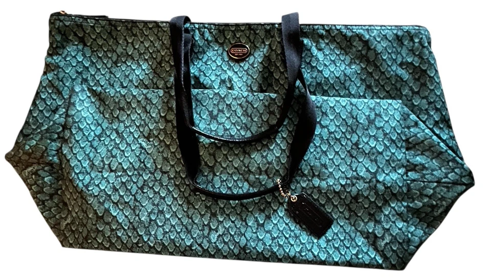 Coach Limited Edition Emerald Green Snake Skin Print Nylon Overnight Bag Tote