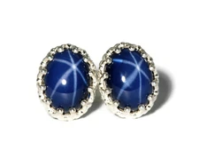 Blue Star Sapphire Crown Stud Earrings Sterling Silver (8x6mm Lab Created)