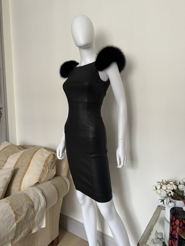 £900 Auth Thomas Wylde Superb Rare Black Lambskin Leather dress w Fur Pom Pops 8 - Picture 5 of 20