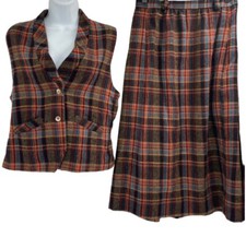 Vintage Mid Century Women's Vest Skirt Set Plaid Button Front Midi