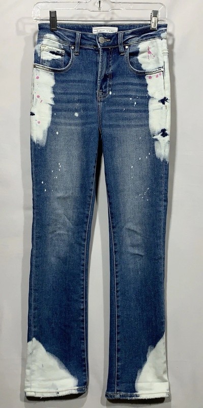 Women’s Risen Jeans bleached side panel pink & white paint splatter Sz 1/25
