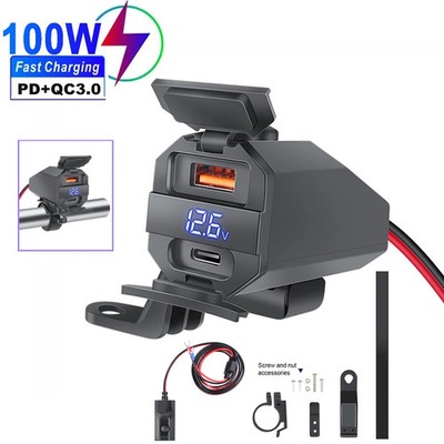 100W Motorcycle USB Charger Socket PD Fast Charging LED Voltmeter 12V Waterproof