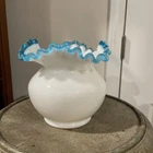 Vintage Fenton Aqua Crest Crimped Ruffled Edge Glass Bowl Vase