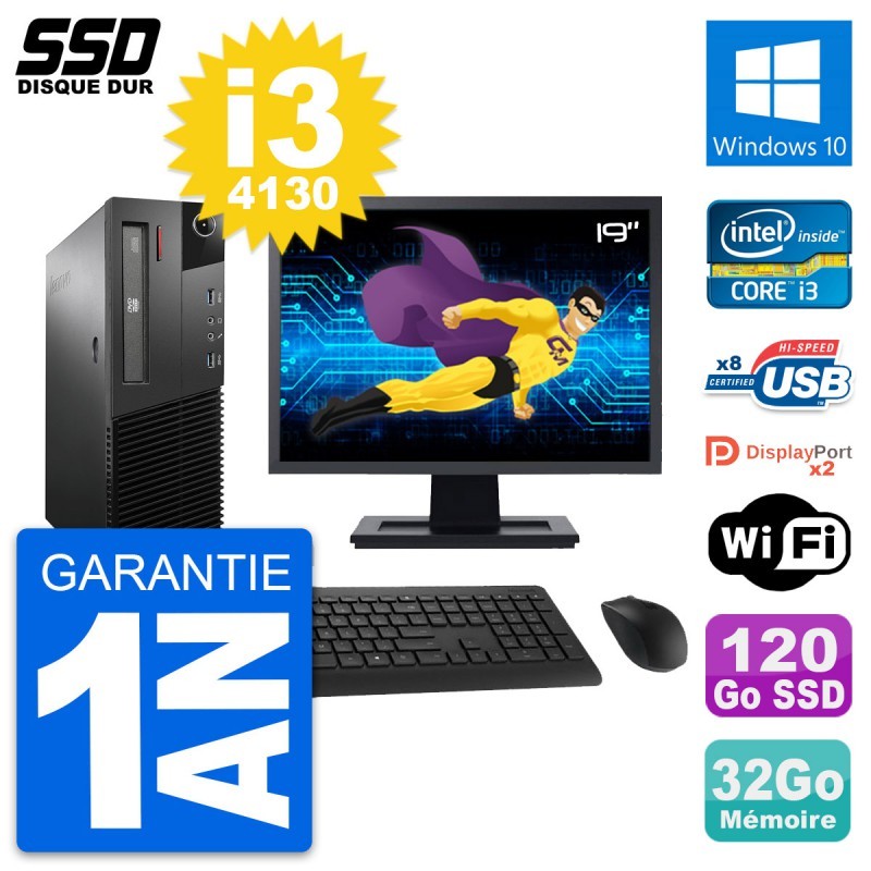 PC Lenovo M93p SFF Ecran 19" Intel i3-4130 RAM 32Go SSD 120Go Windows 10 Wifi
