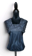 Vintage Black Camisole Satin Tank Top Delicate Lace Overlay Square Neck Medium M