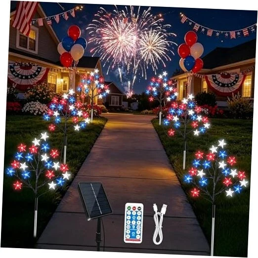 4th of July Decorations Solar Lights Outdoor, 8 Modes 126LEDs Solar 6 Pack