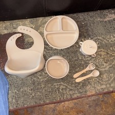 BPA-Free Baby Feeding Set: Silicone Bib, Suction Plate, Bowl, Spoon, Fork, Cup