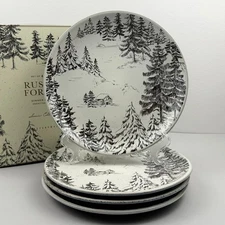 Pottery Barn Rustic Forest DINNER Plates SET OF 4 Scenic Deer Christmas Cabin 