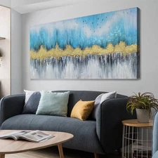 Ardemy Teal Mountain Abstract Canvas Wall Art Nature Gold Scenery Painting Mo...