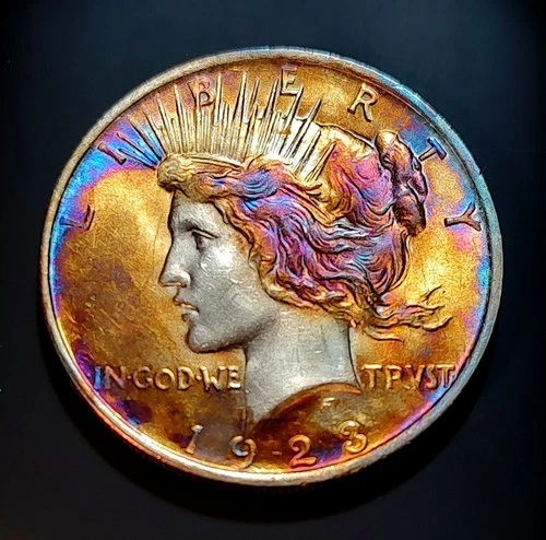 1923 Peace Silver Dollar - 90% US Coin AU details Synthesized Rainbow Toning