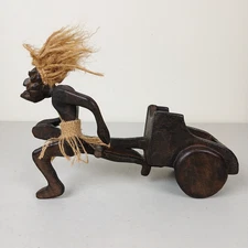 VTG Tiki Tribal Figure Hand Carved Hawaiian Primitive Wood Art Sculpture w Cart