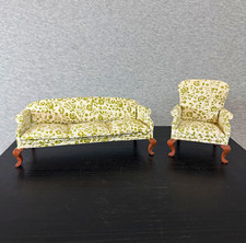 Dollhouse Miniature 1:12 Living Room Set Floral Sofa  Armchair Wood Legs