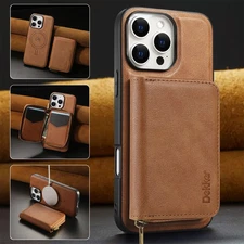 For iPhone 16 Pro Max 16e 15 14 13 12 Mag Safe Zipper Wallet Case with Card Hold