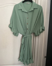 Women’s Green Shirt Dress Ribbed Collared Button Belted Ruffle Knee One Size