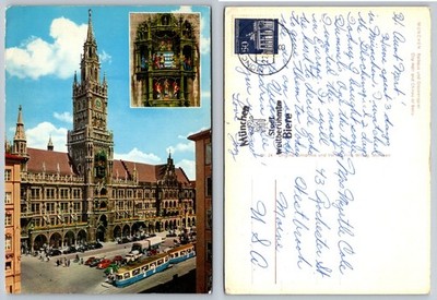Munich Rathaus Glockenspiel Postcard 1963 Germany Tram Cars Vintage Photo