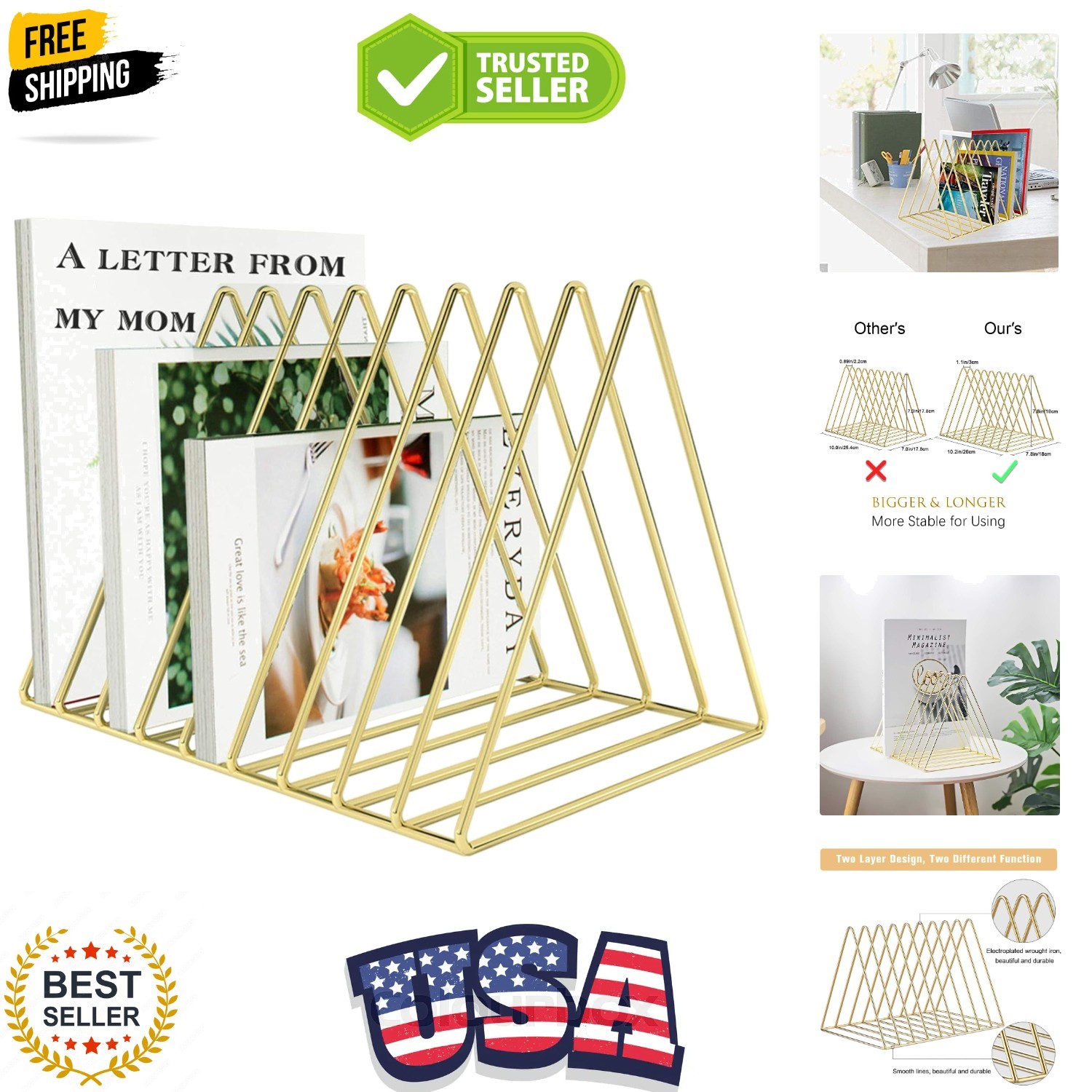 Files Folder Stand Desktop File Organizer, Triangle Wire Magazine Holder Book...-image