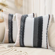 decorUhome Boho Decorative Throw Pillow Covers 18x18 Set of 2, Striped Chenil...