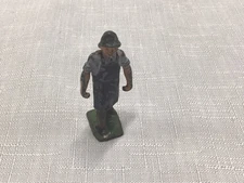 J. HILL Co., Farmer Pushing Wheelbarrow, Vintage Miniature Lead Man Toy, England