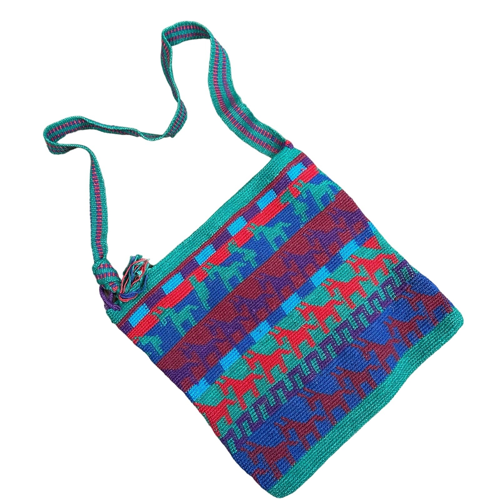 Vintage Mexican Boho Tote Bag with Colorful Geometric Horse Print