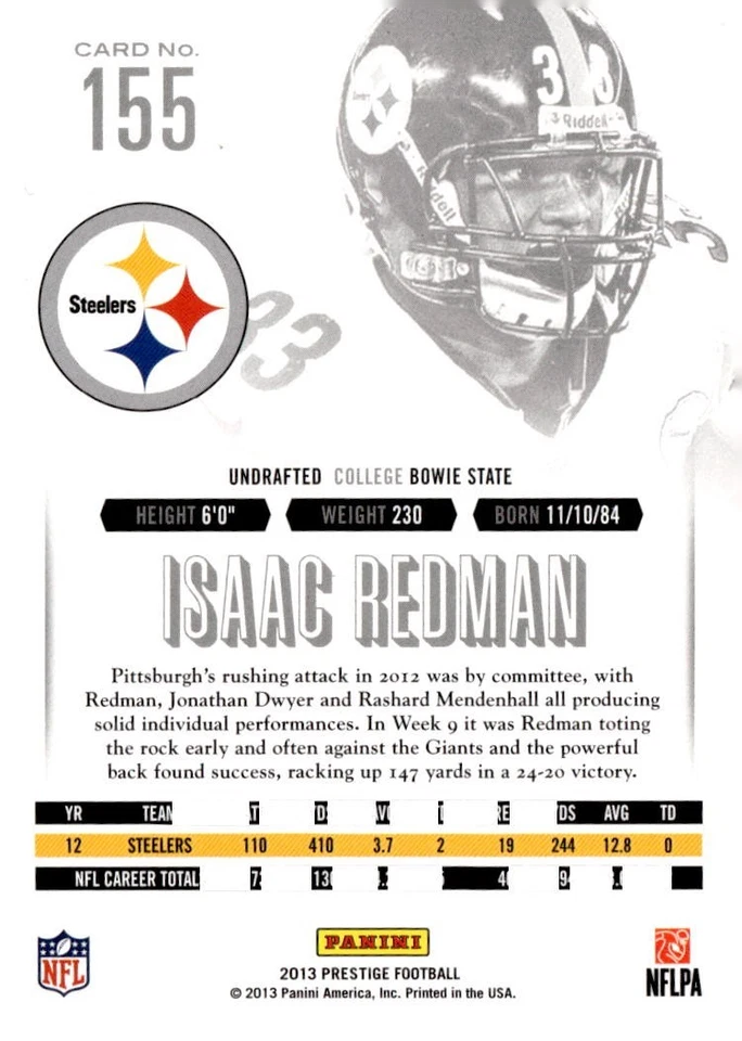 ISAAC REDMAN 2013 PRESTIGE **GREEN** XTRA POINTS ROOKIE RC  /25 !!🔥🔥STEELERS - Image 2 of 2