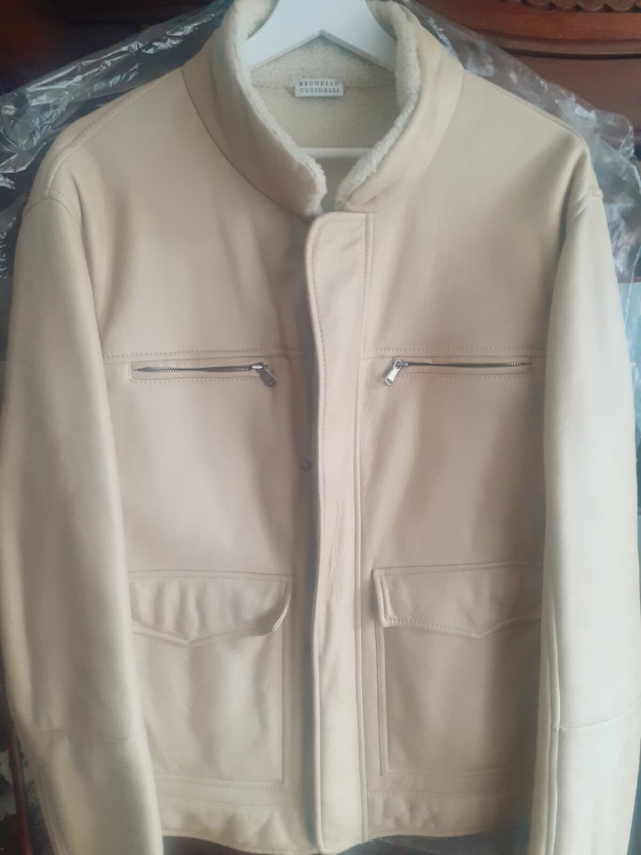Men's $8k B. CUCINELLI Beige Luxury SHEARLING Biker Jacket