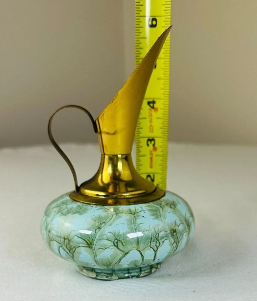 Delft Holland Brass & Marbled Robin Blue GreenHand Painted Pitcher Vase - Image 3 of 4