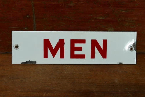 Vintage Antique ORIGINAL Porcelain Men's Restroom Sign Gas Oil Station Red/White