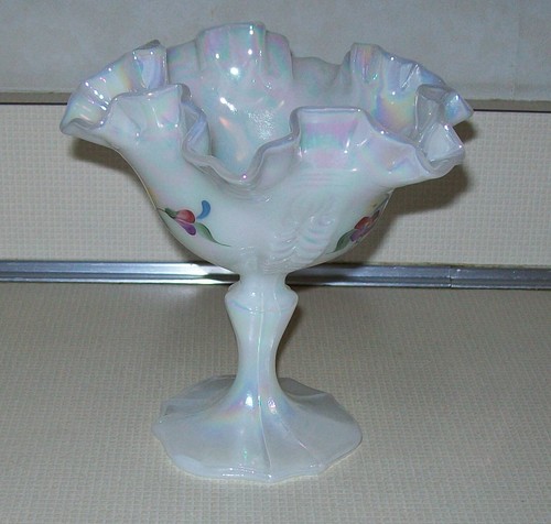 Fenton Iridescent Carnival Glass Hand Painted Primrose Floral 6" T Compote 9462 - Picture 6 of 12
