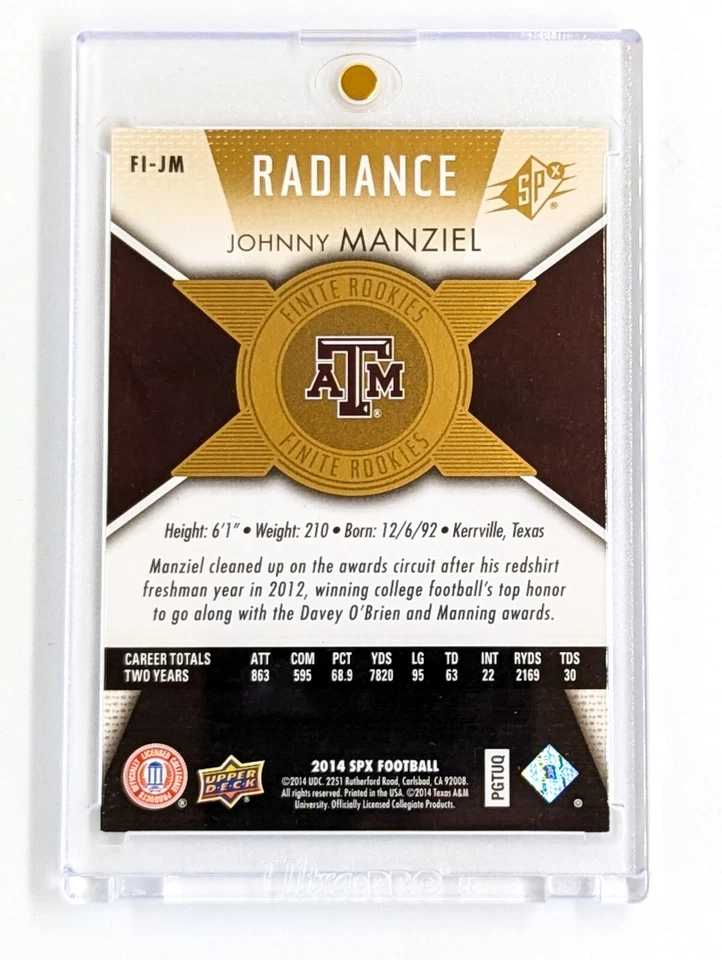 2014 SPx Finite Radiance #FIJM Johnny Manziel /99 Texas A&M Rookie RC - Image 2 of 2
