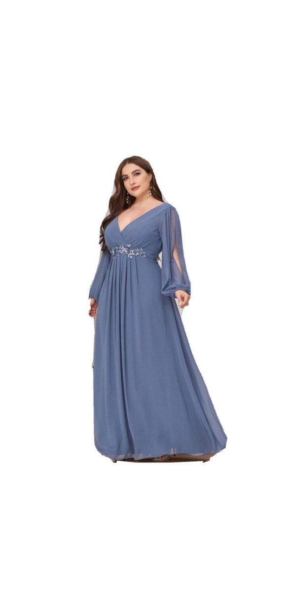 ever pretty dress Plus Size Empire Waist Chiffon Maxi with Long Lantern Sleeves  Ever- Plus The dress gives that impression of a slimmer built with the bodice overlap and is topped with the shimmering floral applique and is pleated down to the A Formal Dresses | Evening Gowns