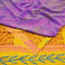 Vintage Yellow Purple Saree Pure Crepe Silk Block Printed Indian Sari 5yd Soft