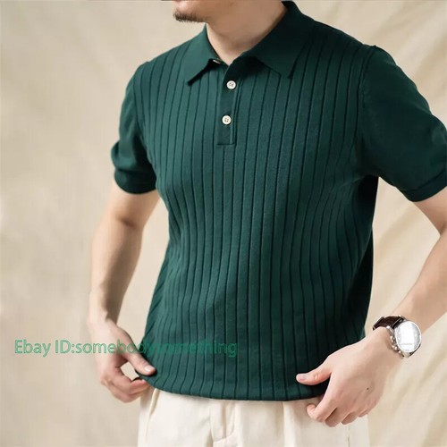 Camisa Tejida Vintage Moda Rayas Manga Corta Camisetas Hombres Camisa Suéter - Imagen 2 de 28