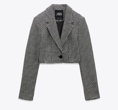 Zara Black/ White Houndstooth Cropped Single Button Blazer