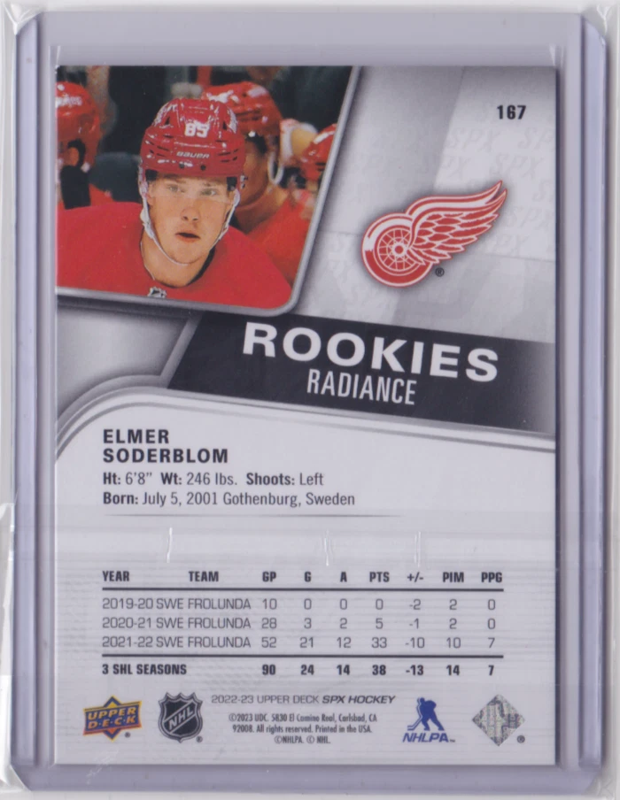 2022-23 UD SPX ROOKIES RADIANCE PARALLEL 56/100 ELMER SODERBLOM #167 RED WINGS - Image 2 of 2