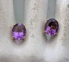 Vintage Designer Solid 14K Yellow Gold Amethyst Post Stud Pierced Earrings P