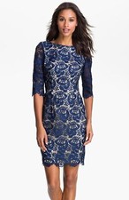 Eliza J Embroidered Lace Overlay Sheath Dress Sz 6 Blue